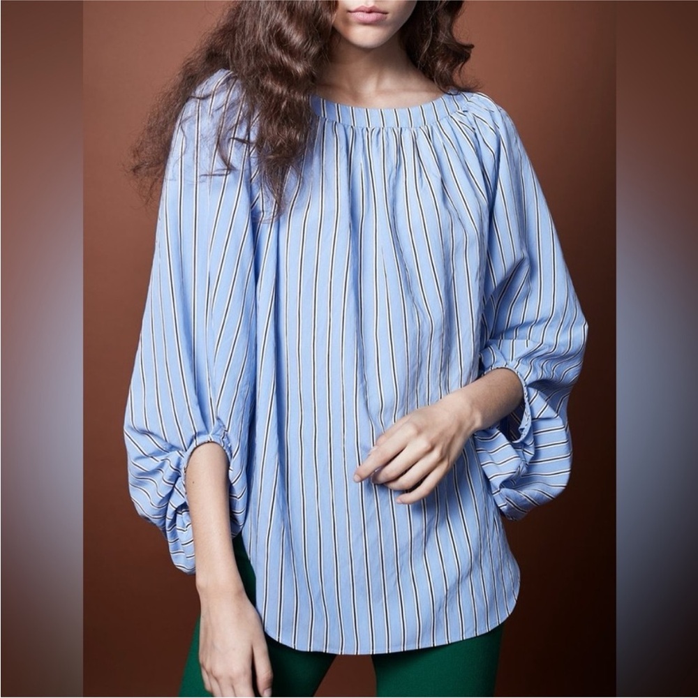 Smythe Balloon Sleeve Blouse in Blue Shirting Stripe